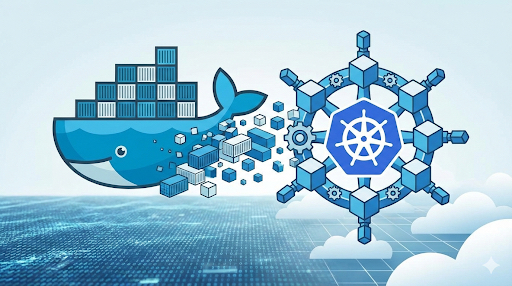 Kubectl for Docker Users - Docker whale morphing into a Kubernetes helm/cube.